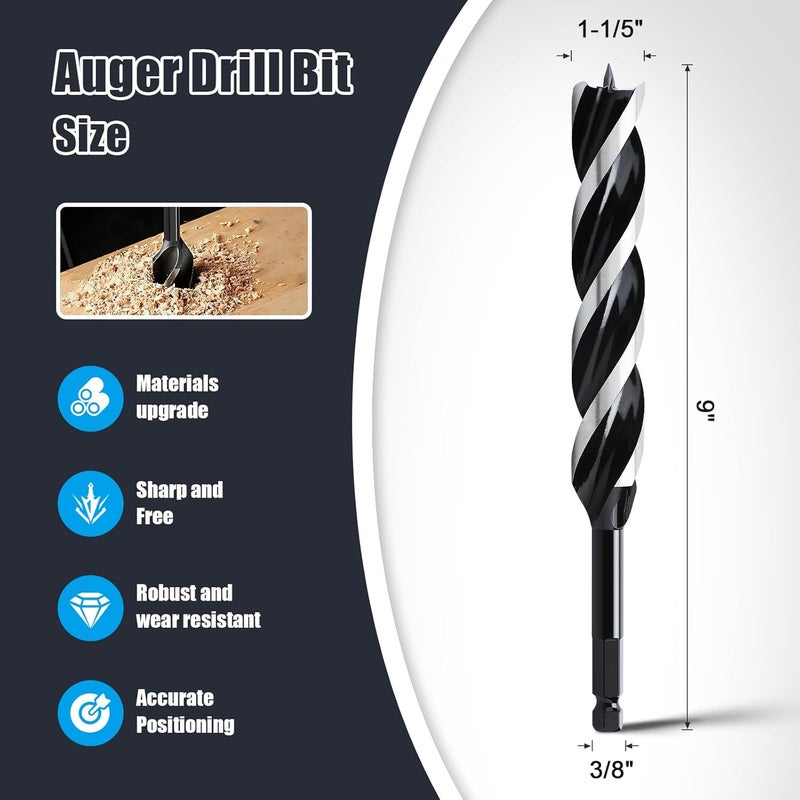 WOBLLMX 1-1/5" x 9" Auger Drill Bit for Wood, Hex Shank Tri Flute Ship Auger Long Drill Bit for Soft and Hard Wood,Tree Stump,Plastic,Drywall and Composite Materials - Image 2